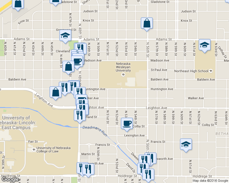map of restaurants, bars, coffee shops, grocery stores, and more near 5100 Huntington Avenue in Lincoln