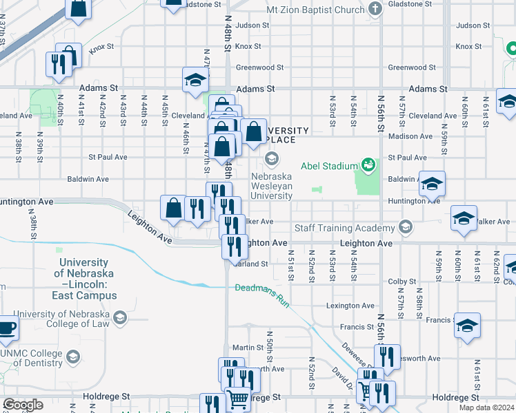 map of restaurants, bars, coffee shops, grocery stores, and more near 2503 North 49th Street in Lincoln