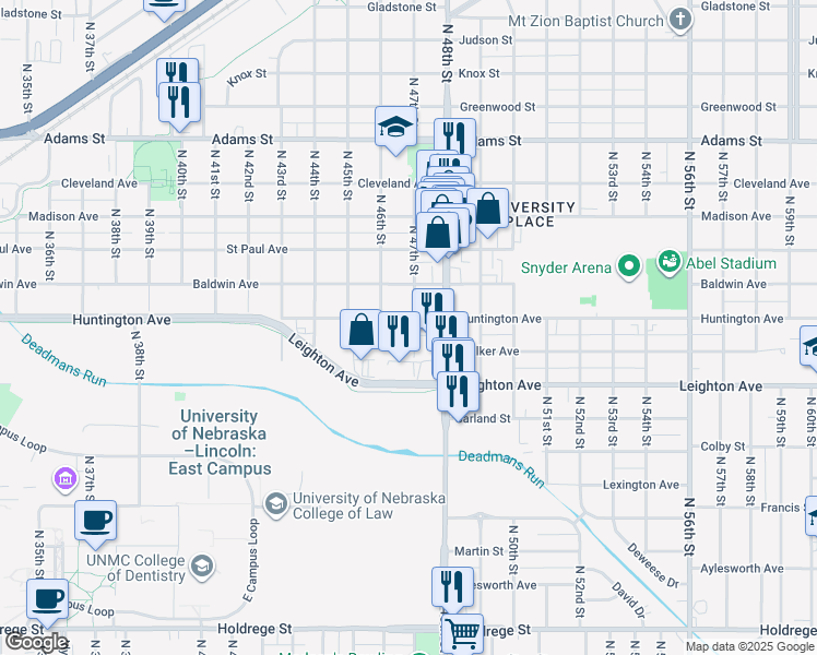 map of restaurants, bars, coffee shops, grocery stores, and more near 4626 Huntington Avenue in Lincoln