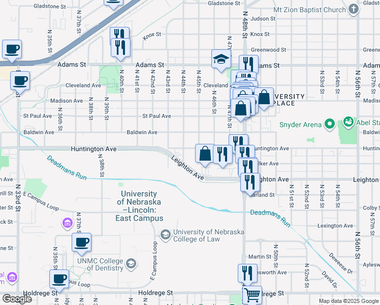 map of restaurants, bars, coffee shops, grocery stores, and more near 4412 Huntington Avenue in Lincoln