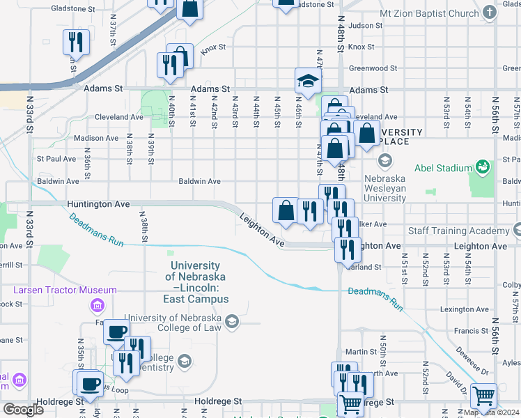 map of restaurants, bars, coffee shops, grocery stores, and more near 4412 Huntington Avenue in Lincoln