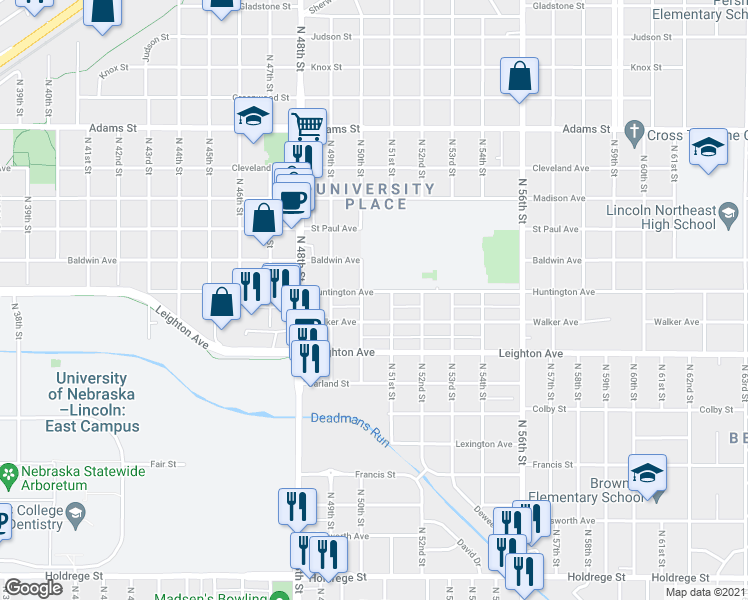 map of restaurants, bars, coffee shops, grocery stores, and more near Huntington Avenue in Lincoln