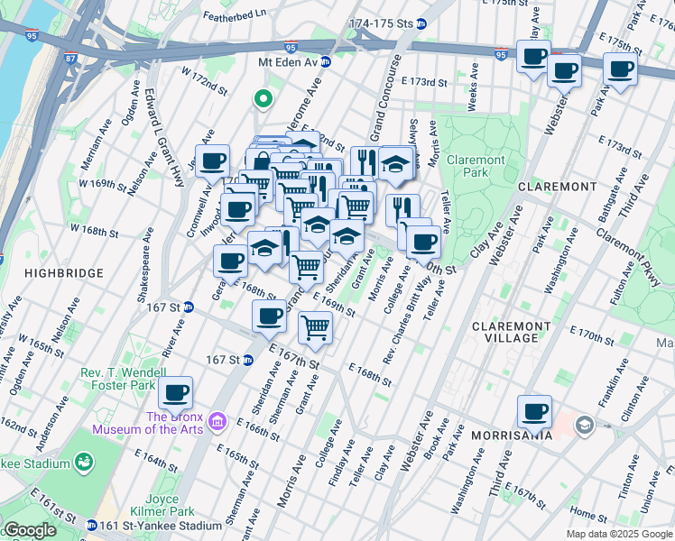 map of restaurants, bars, coffee shops, grocery stores, and more near 200 Marcy Place in Bronx