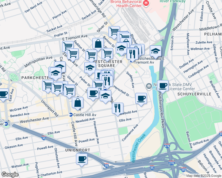 map of restaurants, bars, coffee shops, grocery stores, and more near 2416 Westchester Avenue in Bronx