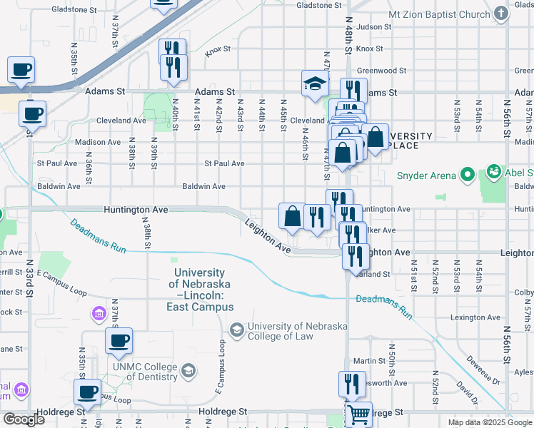 map of restaurants, bars, coffee shops, grocery stores, and more near 4412 Huntington Avenue in Lincoln
