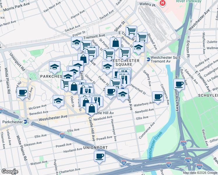map of restaurants, bars, coffee shops, grocery stores, and more near 1441 Parker Street in Bronx