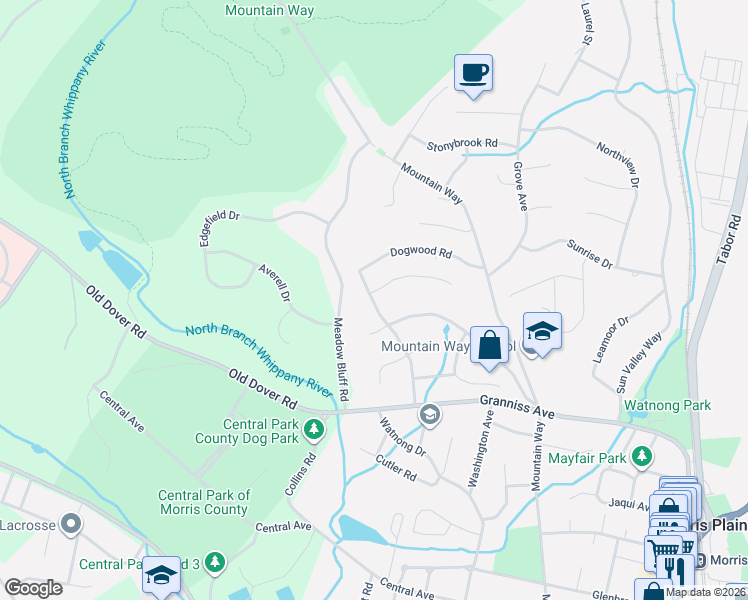 map of restaurants, bars, coffee shops, grocery stores, and more near 27 Meadow Bluff Road in Morris Plains