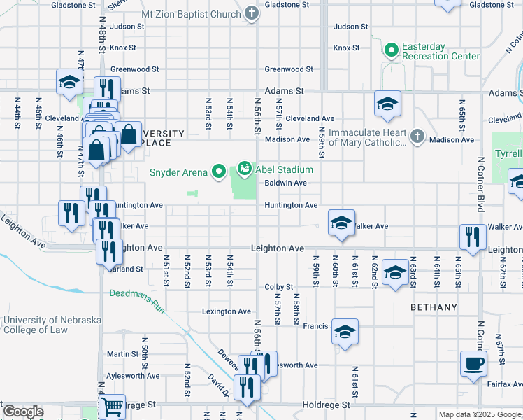 map of restaurants, bars, coffee shops, grocery stores, and more near 2440 North 56th Street in Lincoln