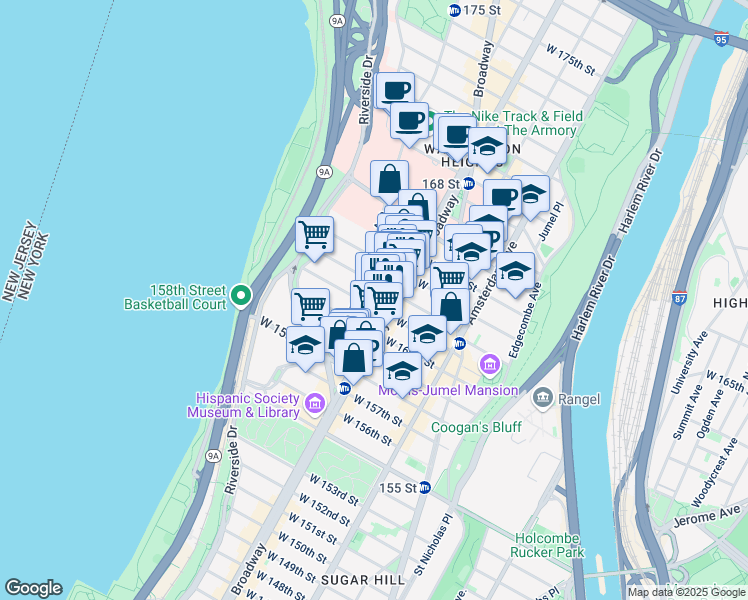 map of restaurants, bars, coffee shops, grocery stores, and more near 607 West 161st Street in New York