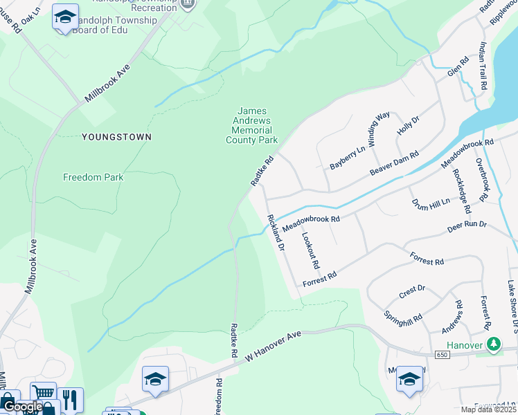 map of restaurants, bars, coffee shops, grocery stores, and more near 8 Rickland Drive in Randolph