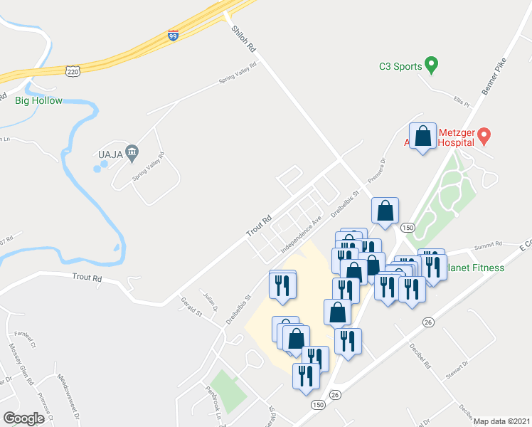 map of restaurants, bars, coffee shops, grocery stores, and more near 1533 Trout Road in State College