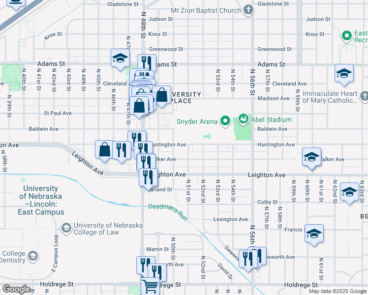 map of restaurants, bars, coffee shops, grocery stores, and more near 5033 Huntington Avenue in Lincoln