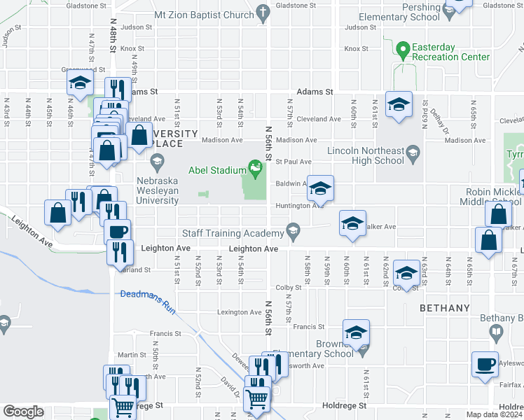 map of restaurants, bars, coffee shops, grocery stores, and more near 5451 Huntington Avenue in Lincoln