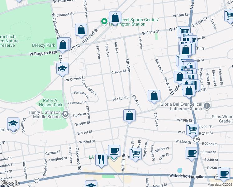 map of restaurants, bars, coffee shops, grocery stores, and more near 88 10th Avenue in Huntington Station