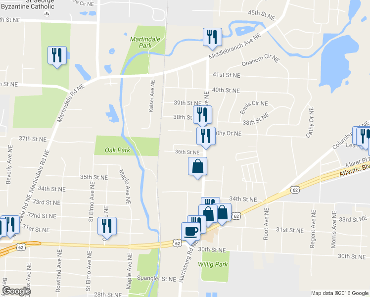 map of restaurants, bars, coffee shops, grocery stores, and more near 1955 36th Street Northeast in Canton