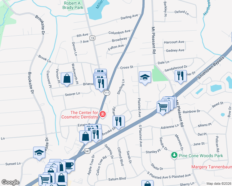 map of restaurants, bars, coffee shops, grocery stores, and more near 18 Sterling Lane in Smithtown