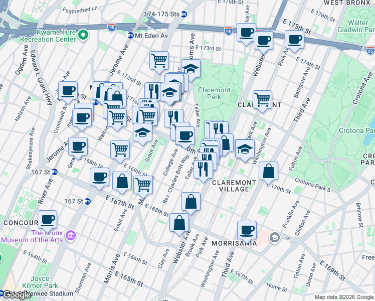 map of restaurants, bars, coffee shops, grocery stores, and more near 1401 Teller Avenue in Bronx