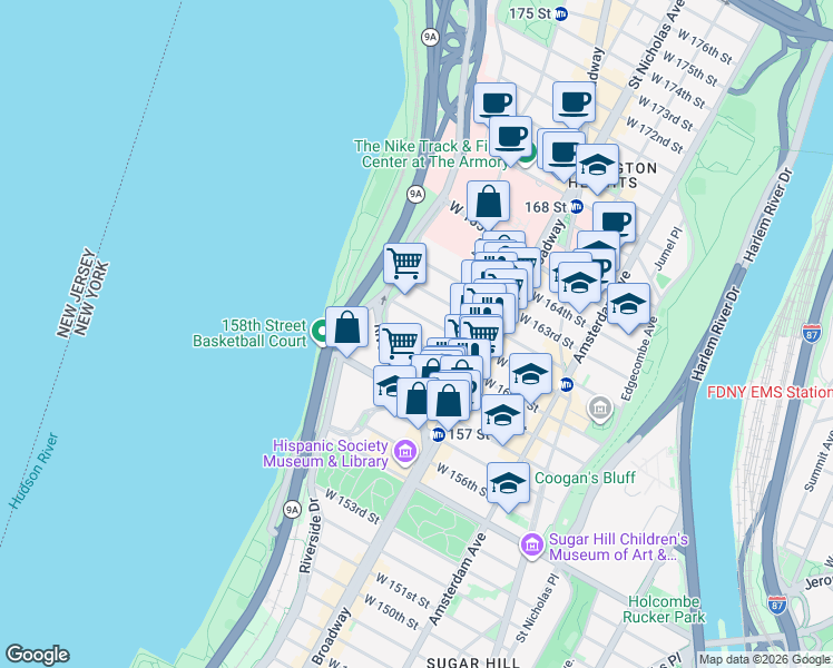 map of restaurants, bars, coffee shops, grocery stores, and more near 664 West 161st Street in New York