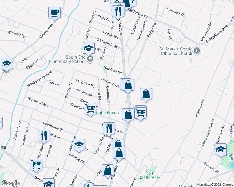 map of restaurants, bars, coffee shops, grocery stores, and more near 90 Elmwood Road in Cedar Grove