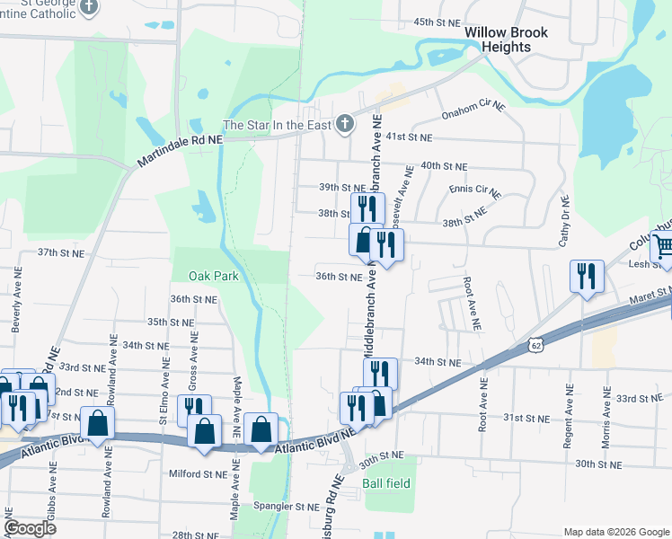map of restaurants, bars, coffee shops, grocery stores, and more near 1955 36th Street Northeast in Canton