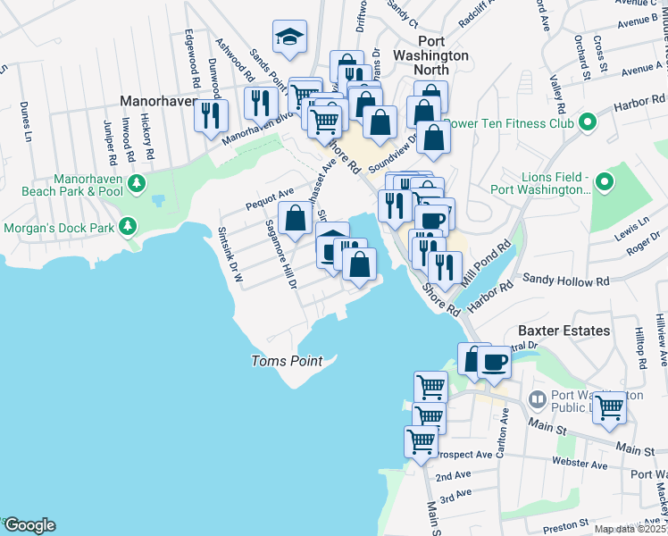 map of restaurants, bars, coffee shops, grocery stores, and more near 9 Yennicock Avenue in Port Washington