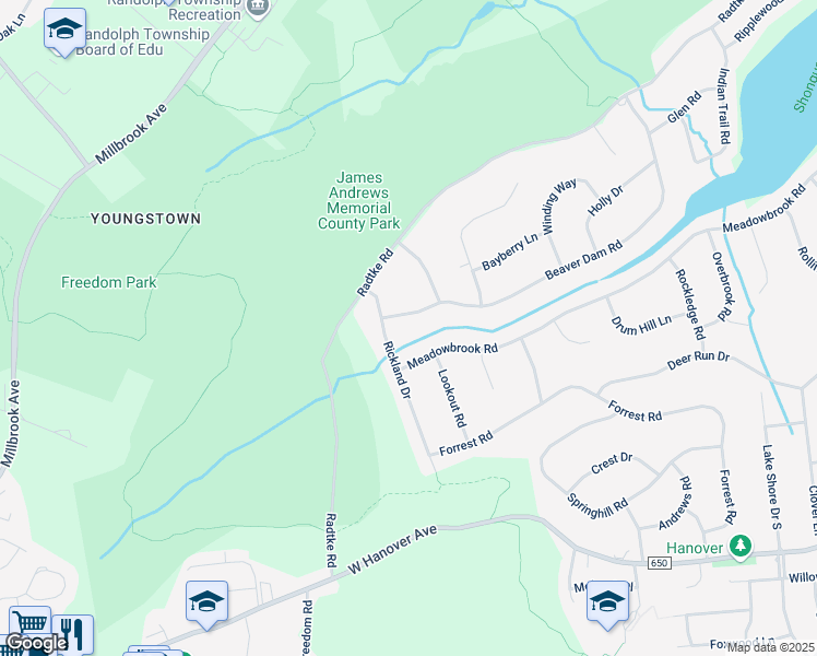 map of restaurants, bars, coffee shops, grocery stores, and more near 65 Beaver Dam Road in Randolph
