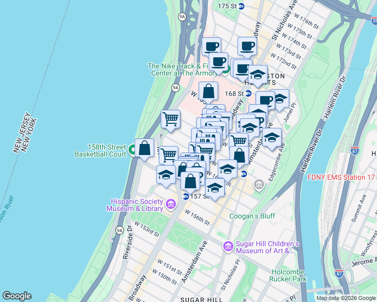 map of restaurants, bars, coffee shops, grocery stores, and more near 53 Fort Washington Avenue in New York