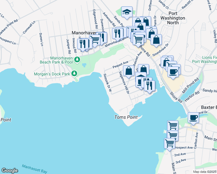 map of restaurants, bars, coffee shops, grocery stores, and more near 21b Sintsink Drive West in Port Washington