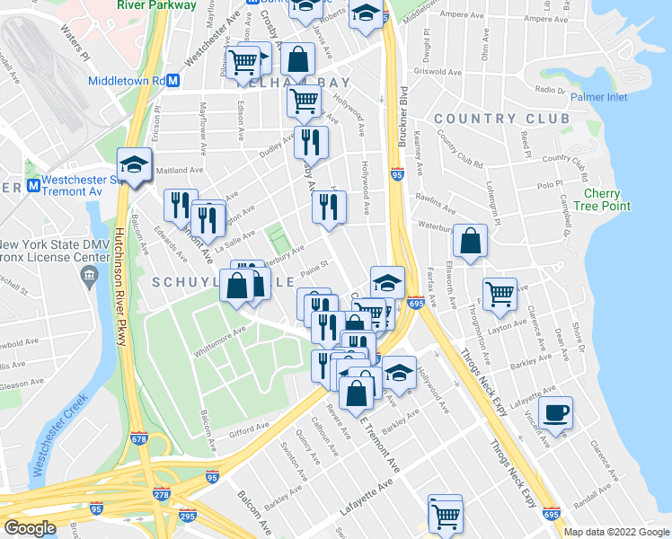 map of restaurants, bars, coffee shops, grocery stores, and more near 2967 Paine Street in Bronx