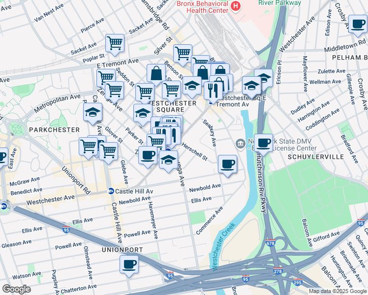 map of restaurants, bars, coffee shops, grocery stores, and more near 1364 Herschell Street in Bronx