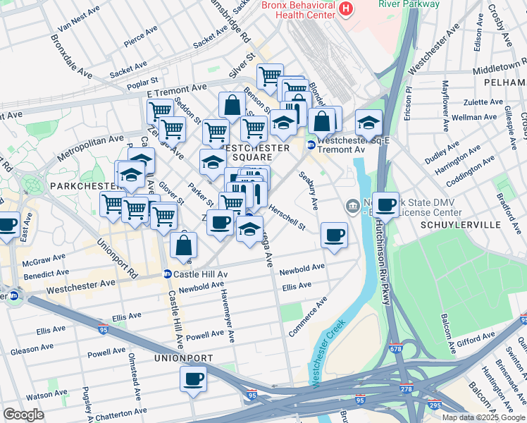 map of restaurants, bars, coffee shops, grocery stores, and more near in The Bronx