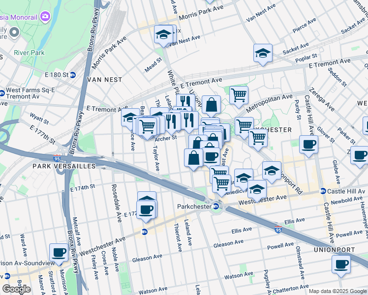 map of restaurants, bars, coffee shops, grocery stores, and more near 1477 Leland Avenue in Bronx