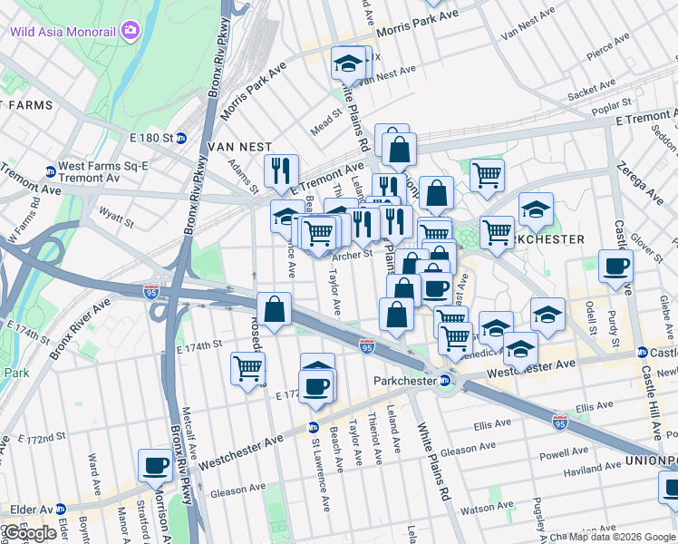map of restaurants, bars, coffee shops, grocery stores, and more near in The Bronx