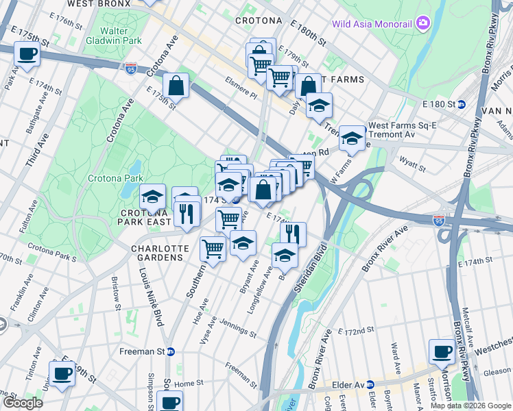map of restaurants, bars, coffee shops, grocery stores, and more near 1718 Southern Boulevard in The Bronx
