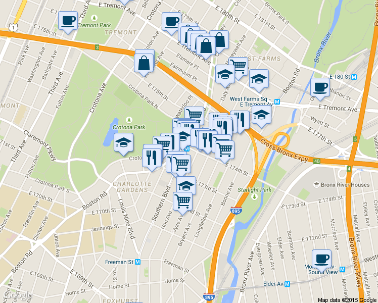 map of restaurants, bars, coffee shops, grocery stores, and more near 1718 Southern Boulevard in The Bronx