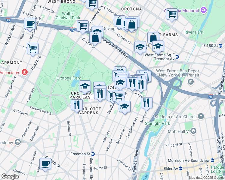 map of restaurants, bars, coffee shops, grocery stores, and more near 1691 Boston Road in The Bronx