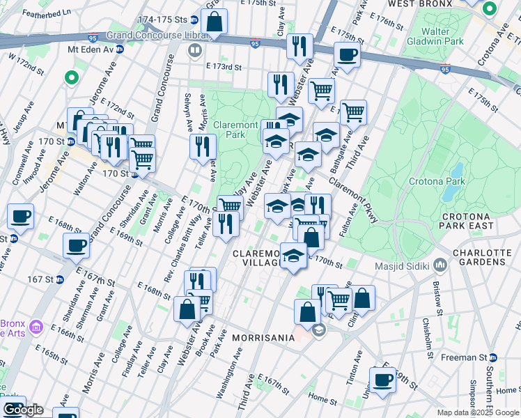map of restaurants, bars, coffee shops, grocery stores, and more near 1443b Webster Avenue in Bronx