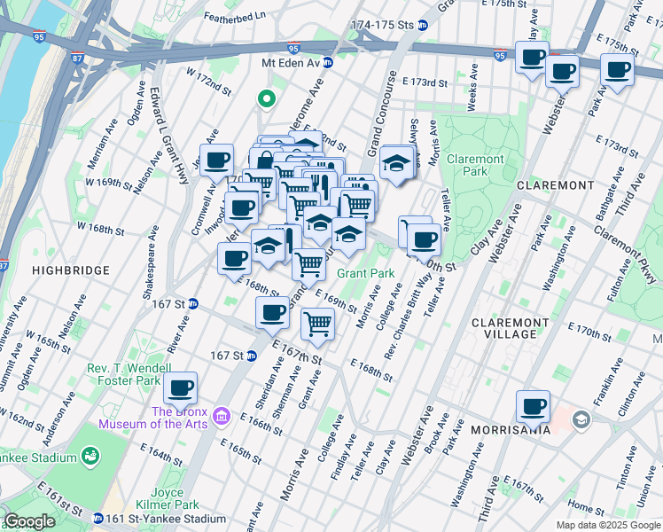 map of restaurants, bars, coffee shops, grocery stores, and more near 1350 Grand Concourse in Bronx
