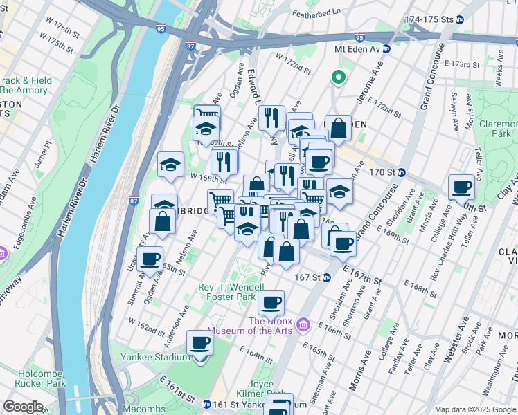 map of restaurants, bars, coffee shops, grocery stores, and more near 1220 Shakespeare Avenue in Bronx