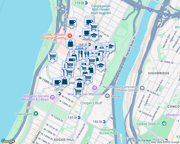 map of restaurants, bars, coffee shops, grocery stores, and more near 509 West 163rd Street in New York
