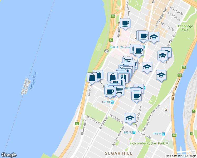 map of restaurants, bars, coffee shops, grocery stores, and more near 884 Riverside Drive in New York