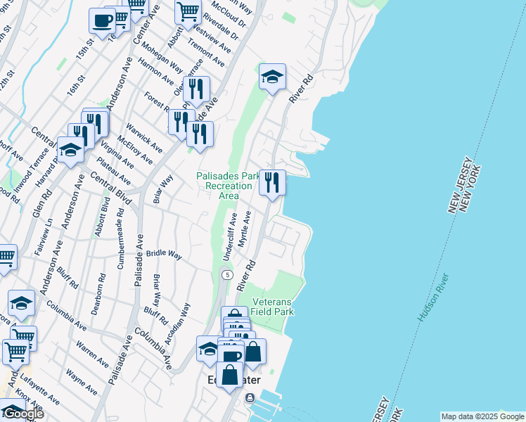 map of restaurants, bars, coffee shops, grocery stores, and more near 75 Myrtle Avenue in Edgewater