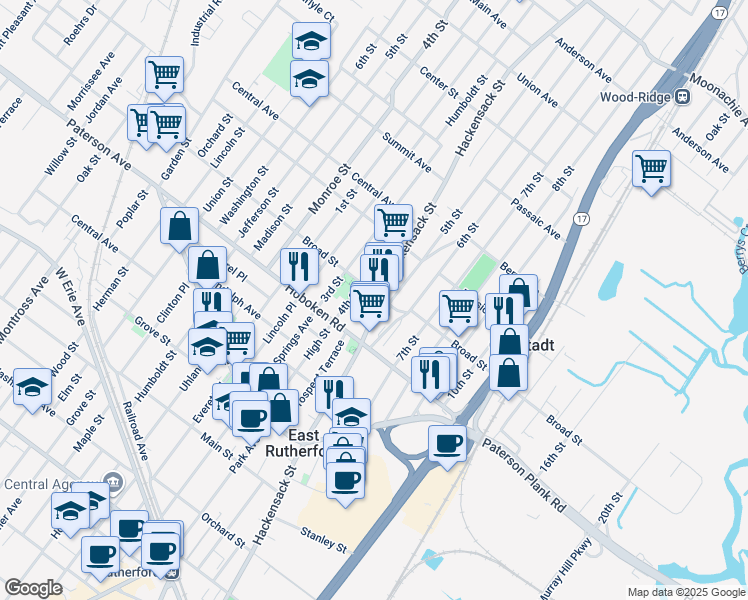 map of restaurants, bars, coffee shops, grocery stores, and more near 426 Broad Street in Carlstadt