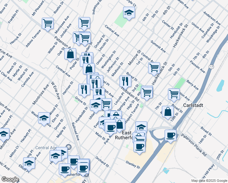 map of restaurants, bars, coffee shops, grocery stores, and more near 251 Laurel Place in East Rutherford