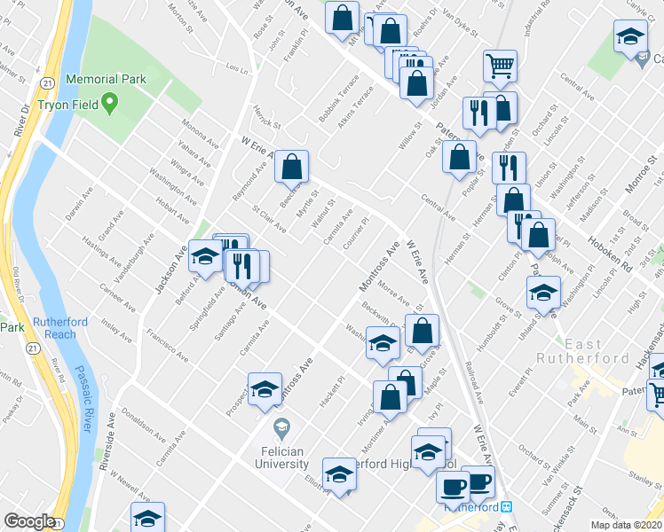 map of restaurants, bars, coffee shops, grocery stores, and more near 115 Morse Avenue in Rutherford