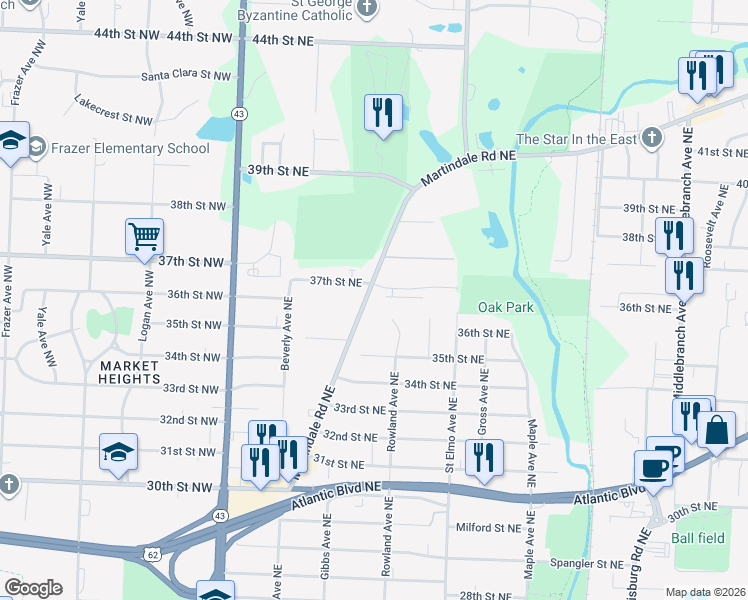 map of restaurants, bars, coffee shops, grocery stores, and more near 3611 Martindale Road Northeast in Canton