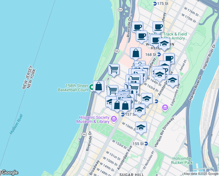 map of restaurants, bars, coffee shops, grocery stores, and more near 880 Riverside Drive in New York