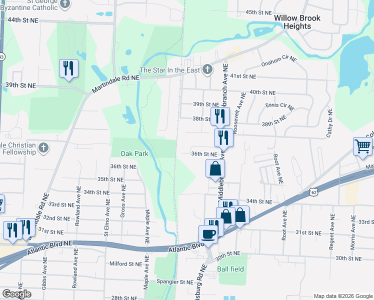 map of restaurants, bars, coffee shops, grocery stores, and more near 1911 36th Street Northeast in Canton