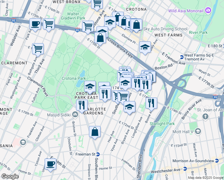 map of restaurants, bars, coffee shops, grocery stores, and more near 1680 Crotona Park East in Bronx
