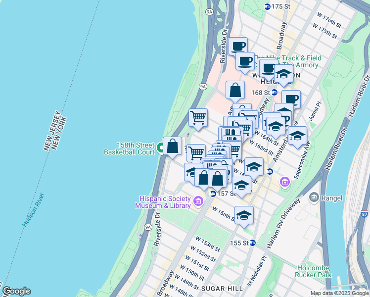 map of restaurants, bars, coffee shops, grocery stores, and more near 884 Riverside Drive in New York